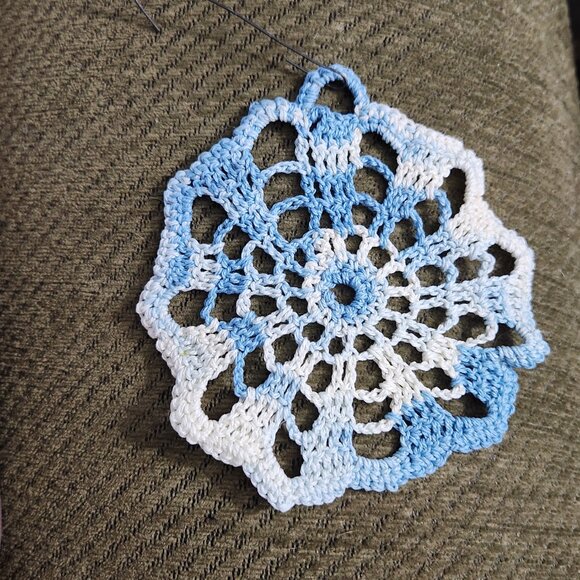 Vintage Handmade Crocheted Christmas Ornaments Set of 2 White & Blue - Picture 4 of 5